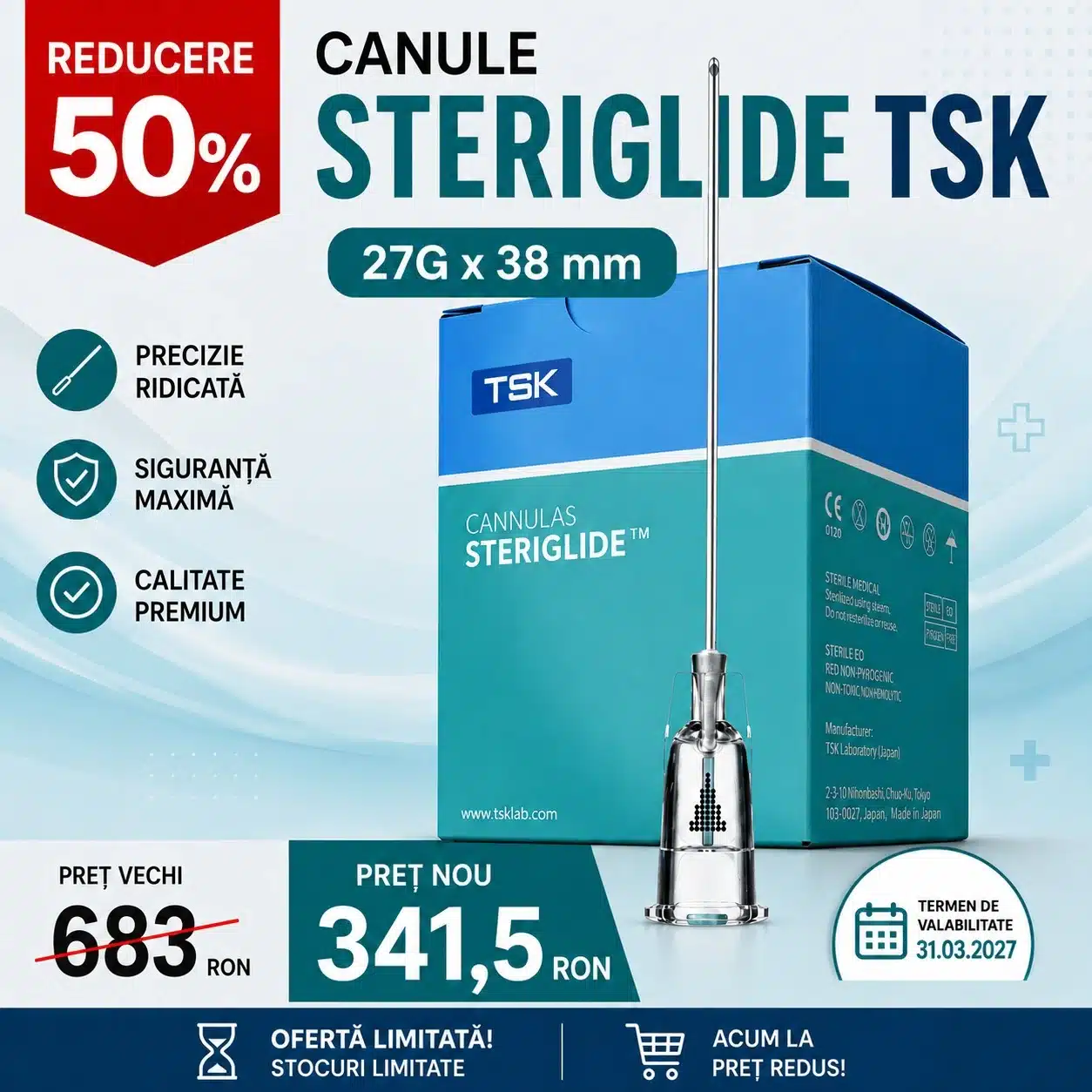 Canula mezoterapie 27Gx38mm, ac 25Gx13mm, SteriGlide TSK